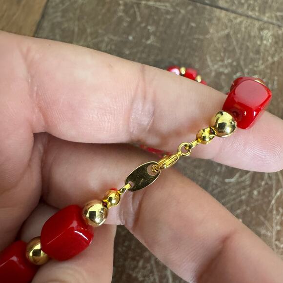 Artisan Made Red & Gold Bead statement necklace and dangle earring set - Picture 2 of 6